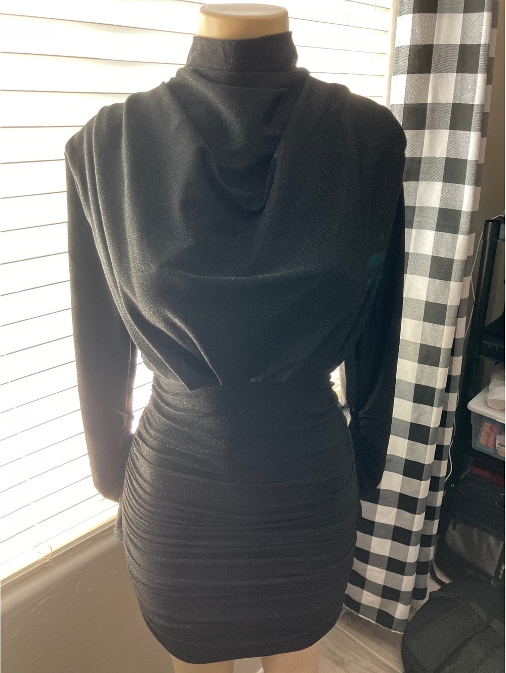 NWT Love & Lemonade Black Long Sleeve Ruched Bodycon Dress with Draped Neckline